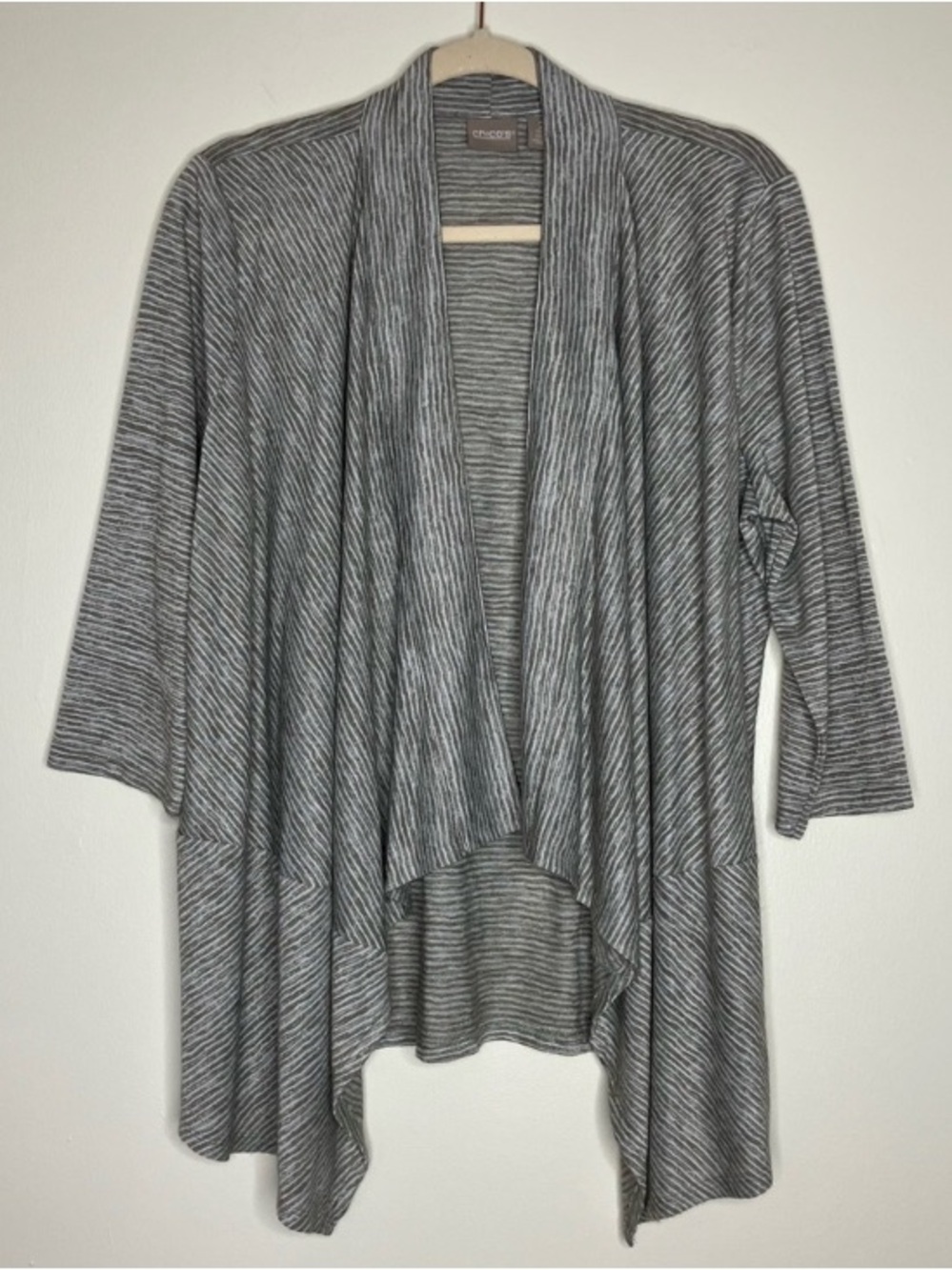 Chico’s striped vetiver sage green gray open lightweight cardigan L